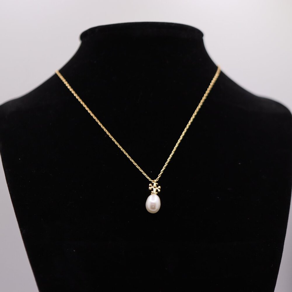 ✨ Tory Burch Pearl Drop Logo Necklace – 16" Gold-Tone